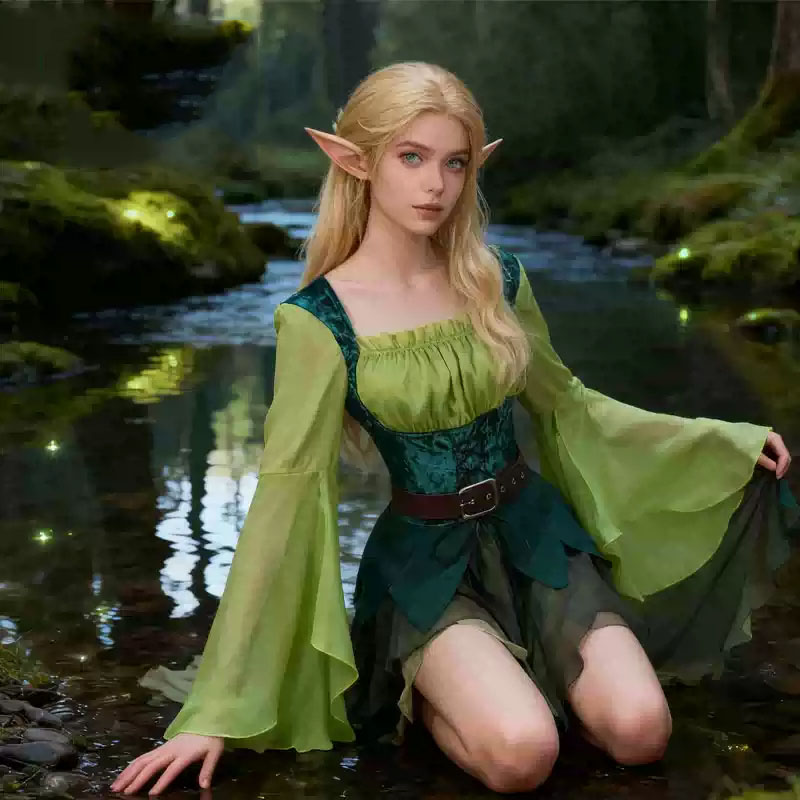 Elf Costume Christmas - Gaun Peri Hijau Abad Pertengahan Wanita,