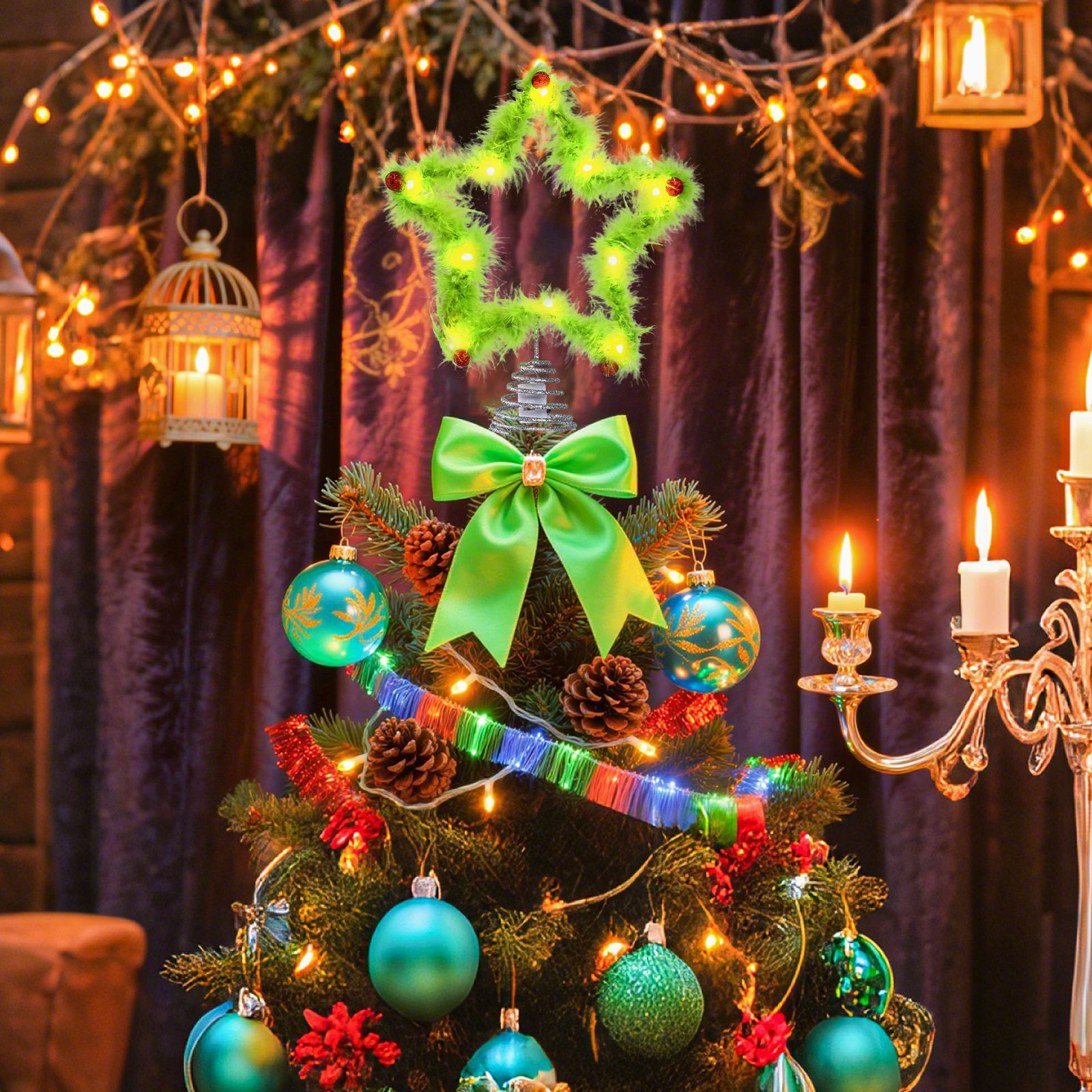Hiasan Pohon Natal Grinch Bulu - Star Tree Topper ulasan dan harga